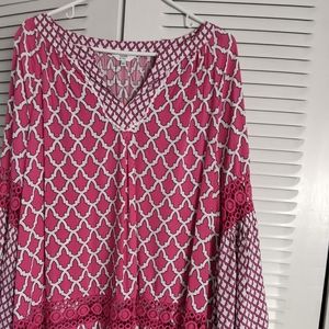 Crown and Ivy blouse, bright pink and white with many deco accents